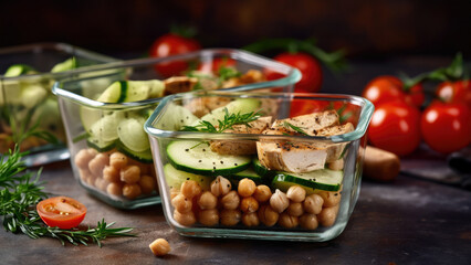Healthy meal prep containers with chickpeas, chicken, tomatoes, cucumbers and avocados. Healthy lunch in glass containers on beige rustic background. Zero waste concept. Selective focus.