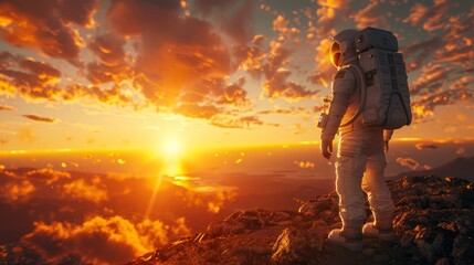 Stand tall amidst an alien landscape, the astronaut casts optimistic eyes on his surroundings mirroring Earth, resonating hope for new life.