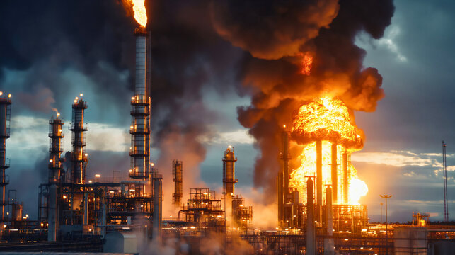 Big flame of fire and black smoke, explosion in an industrial oil refinery factory building. Petroleum gas pollution, petrochemical hazardous accident, emergency disaster conflagration