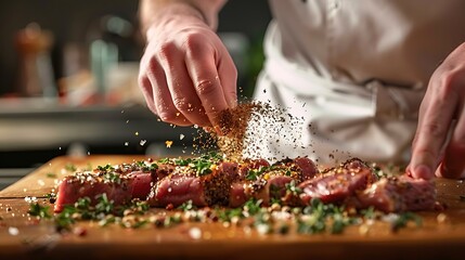 The chef adds seasonings with dried herbs and sprinkles into the meat. Placed on a wooden board in a restaurant kitchen.