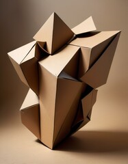 An abstract geometric sculpture crafted from cardboard boasts sharp angles and a minimalist aesthetic, evoking modern art influences.