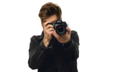 Photographer holding a digital camera, taking a photo, isolated on transparent background. Professional equipment, young man taking a picture, journalist business or hobby