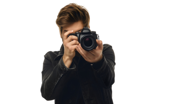 Photographer holding a digital camera, taking a photo, isolated on transparent background. Professional equipment, young man taking a picture, journalist business or hobby