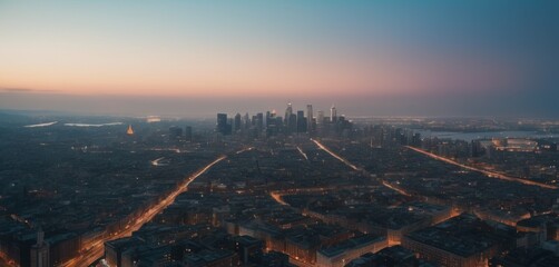 A panoramic cityscape captured at dusk, showcasing the glowing lights of a sprawling metropolis under a gradient twilight sky.