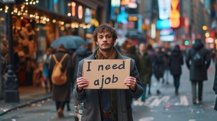 In the city engulfed by an economic crisis, a young man holds up a sign reading "Seeking Employment," his presence mirroring the harsh reality of joblessness.