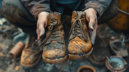Tightly held in a man's grasp, a pair of boots bears witness to the aftermath of a rainy day- a thick coating of mud.
