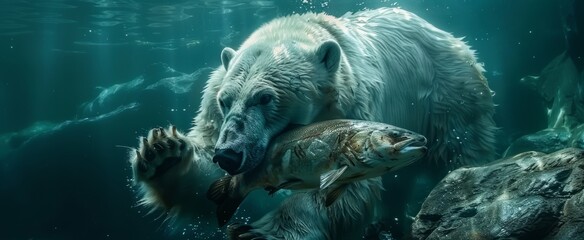 The primal scene of survival unfolds underwater as a successful polar bear locks its jaws around a writhing fish.