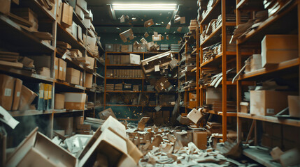 Fototapeta premium Nobody in empty warehouse, boxes and packages falling from shelves in a dirty and messy room interior, chaos indoors, goods commercial supply and distribution, large inventory with racks