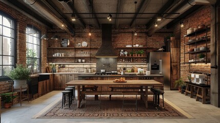 A rustic kitchen with a wooden table and chairs, a brick wall, and a potted plant