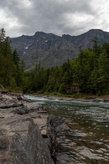 Breathtaking view of the Glacier national park under a bright cloudy sky
