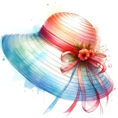 Woman's sun hat, summer, colorful, watercolor illustration isolated element on white background