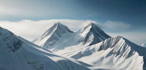 Smooth snowy slopes of serene mountain peaks bathed in soft light, exuding calmness under a soft blue sky.