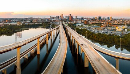 Drone shot of Highway bridges and Baltimore City's buildings in the background at sunset
