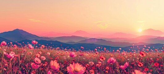 Vibrant flower fields in a minimalistic composition, offering a burst of color against a serene backdrop