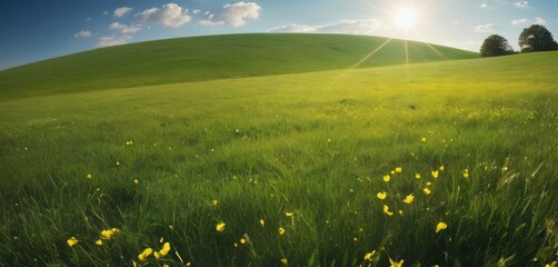A lush green meadow sprinkled with yellow wildflowers, basking in the golden light of a sunset, evokes a feeling of peace.