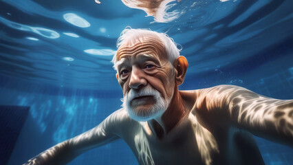 senior man dive underwater in a swimming pool. Happy elder have active sport at old age. grandfather portrait wide angle