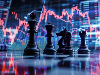  Thunderclap echoes over a chessboard with stock graph background, a strategic play of finance and intellect