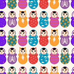 Set of various colored Roly-Poly, tumbler doll. Square seamless pattern. Vector illustration. - 784368414