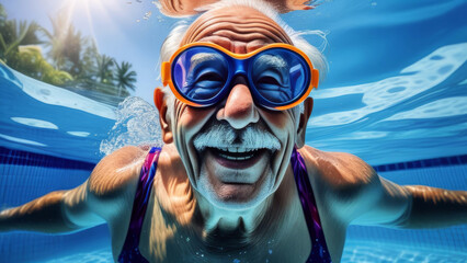 Happy senior man with Goggles dive underwater in a swimming pool. Happy elder have active sport at...