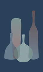 Empty glass bottles and vases with gradients. Vectors of coloured semi-transparent decorative vases and bottle.