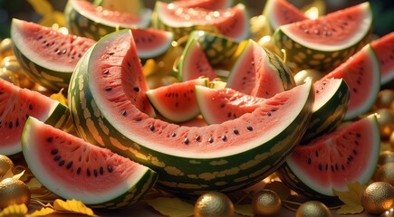 Beautiful background with watermelons and gold details - obrazy, fototapety, plakaty