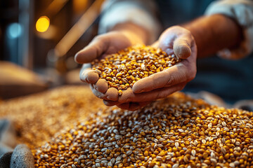 farmer man brewer holds handful of wheat malt in hands at a beer factory close-up - obrazy, fototapety, plakaty