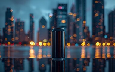 A simple black jar with a beverage stands against the backdrop of the evening metropolis, creating a contrast between minimalism and the modern urban landscape