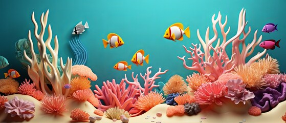 Fototapeta na wymiar 3D render of a coral reef scene with colorful fish, paper-cut style, minimalist background,