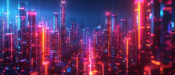 Neon towers in the cyber world, transmitting data across the digital expanse. - obrazy, fototapety, plakaty
