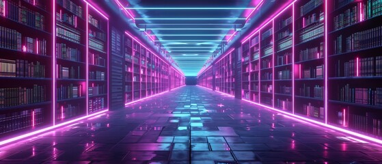 Neoninfused cyber space library, archives of humanitys digital knowledge. - obrazy, fototapety, plakaty