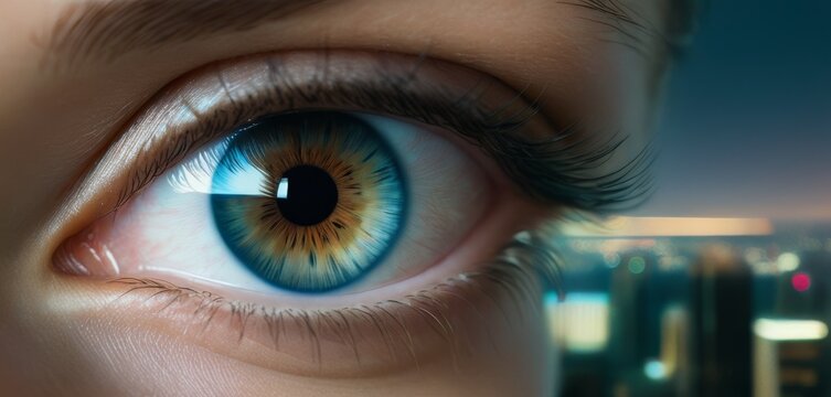 A highly detailed close-up of a human eye with striking blue and gold iris, set against a cityscape at twilight.