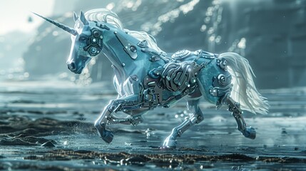 A robot unicorn is running through a field of ice