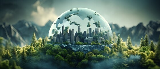 3D-rendered globe showing pollution clouding over cities, paper-cut style, minimalist environmental art, blurred background,