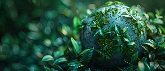 3D-rendered globe with a mosaic of green leaves, each leaf representing a pledge for sustainability