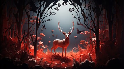 3D-rendered minimalist paper-cut scene of a deer in a misty forest at dawn, - obrazy, fototapety, plakaty