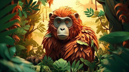 3D-rendered minimalist paper-cut scene of an orangutan in a tropical tree, blurred jungle background, - obrazy, fototapety, plakaty