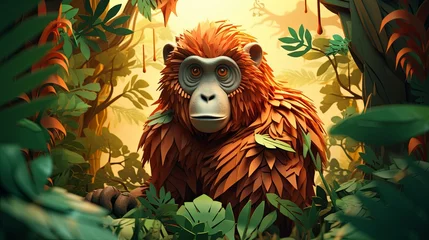  3D-rendered minimalist paper-cut scene of an orangutan in a tropical tree, blurred jungle background, © Anuwat