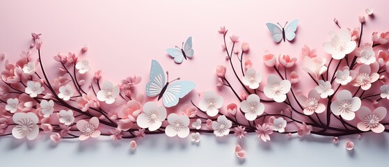 3D-rendered minimalist paper-cut scene of butterflies in a field of flowers,