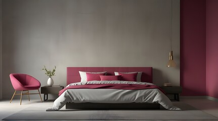 Viva magenta trendy color year 2023 in the premium bedroom. Painted mockup wall and velor furniture.generative.ai