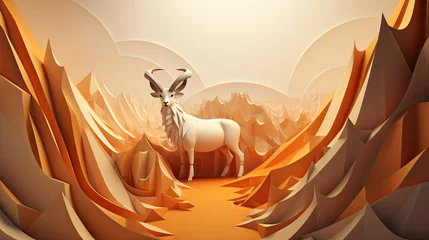  3D-rendered paper-cut illustration of an ibex scaling a steep cliff, minimalist mountainous background, © Anuwat