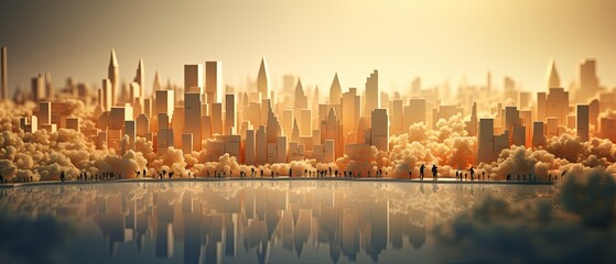 3D paper-cut depiction of overpopulated city increasing carbon footprint, minimalist style, blurred background,