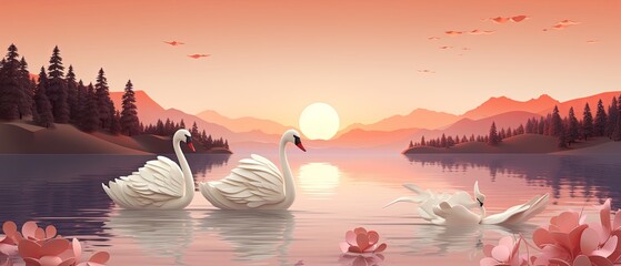 3D render of a serene lake scene with swans, paper-cut style, minimalist design,
