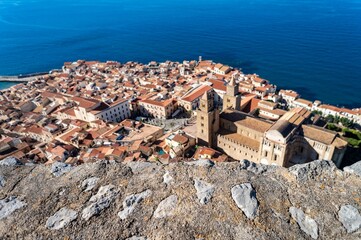 Aerial view of the beautiful skyline near the water in Cefalu, Sicily, Italy