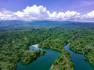 Fototapeta na wymiar Aerial of the picturesque Bajul mati, reservoir or dam in Situbondo, East Java in Indonesia