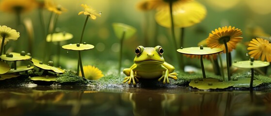 Minimalist 3D-rendered paper-cut of a frog amid raindrops on water lilies, blurred pond background, - obrazy, fototapety, plakaty
