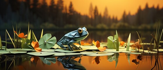 Minimalist 3D-rendered paper-cut of a frog leaping towards a dragonfly, blurred pond background, - obrazy, fototapety, plakaty