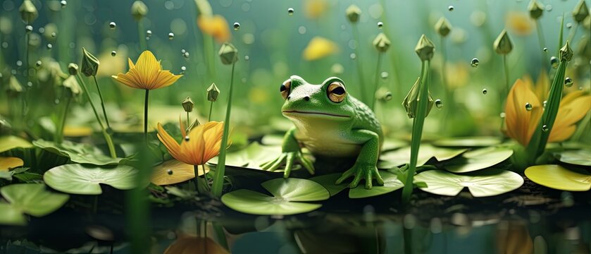 Minimalist 3D-rendered paper-cut of a frog amid raindrops on water lilies, blurred pond background,
