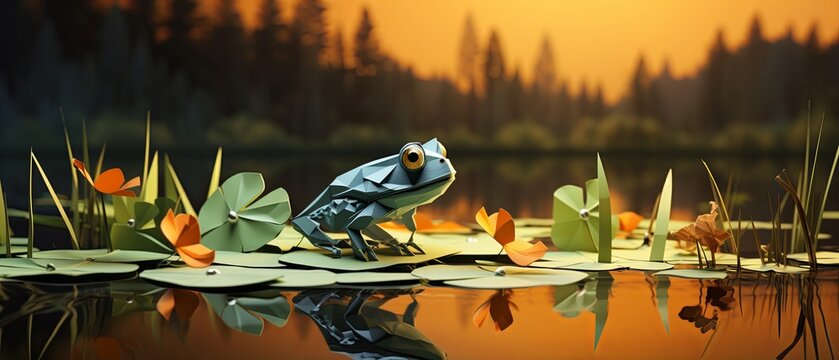 Minimalist 3D-rendered paper-cut of a frog leaping towards a dragonfly, blurred pond background,
