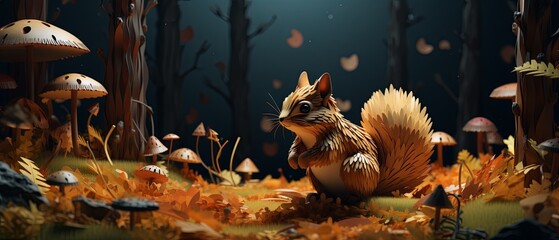 Minimalist 3D render of a chipmunk in a forest, realistic paper-cut style, - obrazy, fototapety, plakaty