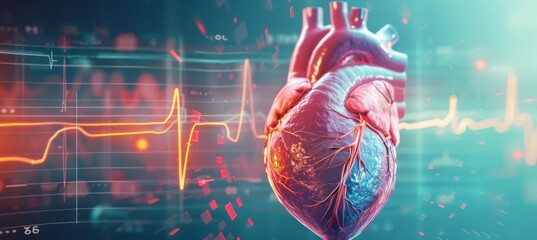 Anatomy of human heart on ecg medical background. 3d render - obrazy, fototapety, plakaty